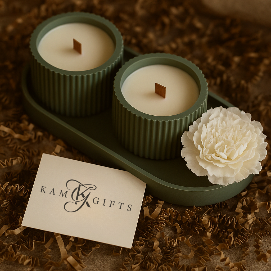 Modern Green Ribbed Candle Duo with Tray