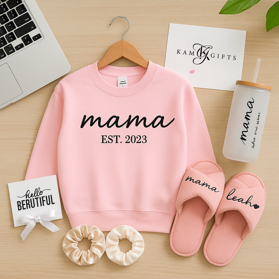 Personalized Mama Gift Set – Custom Sweatshirt, Slippers & Tumbler | Perfect Mother’s Day & New Mom Gift
