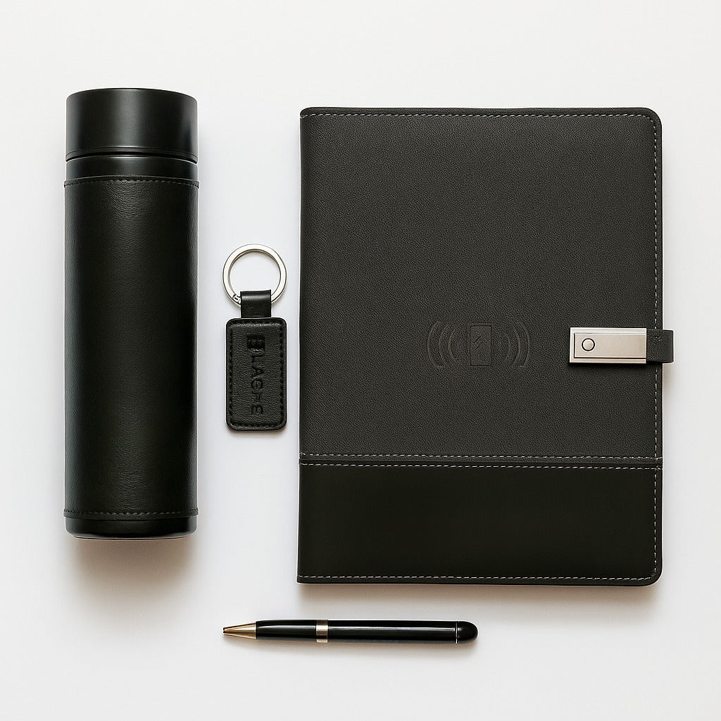 Black Tech Gift Set with Wireless Charging Notebook & Flask