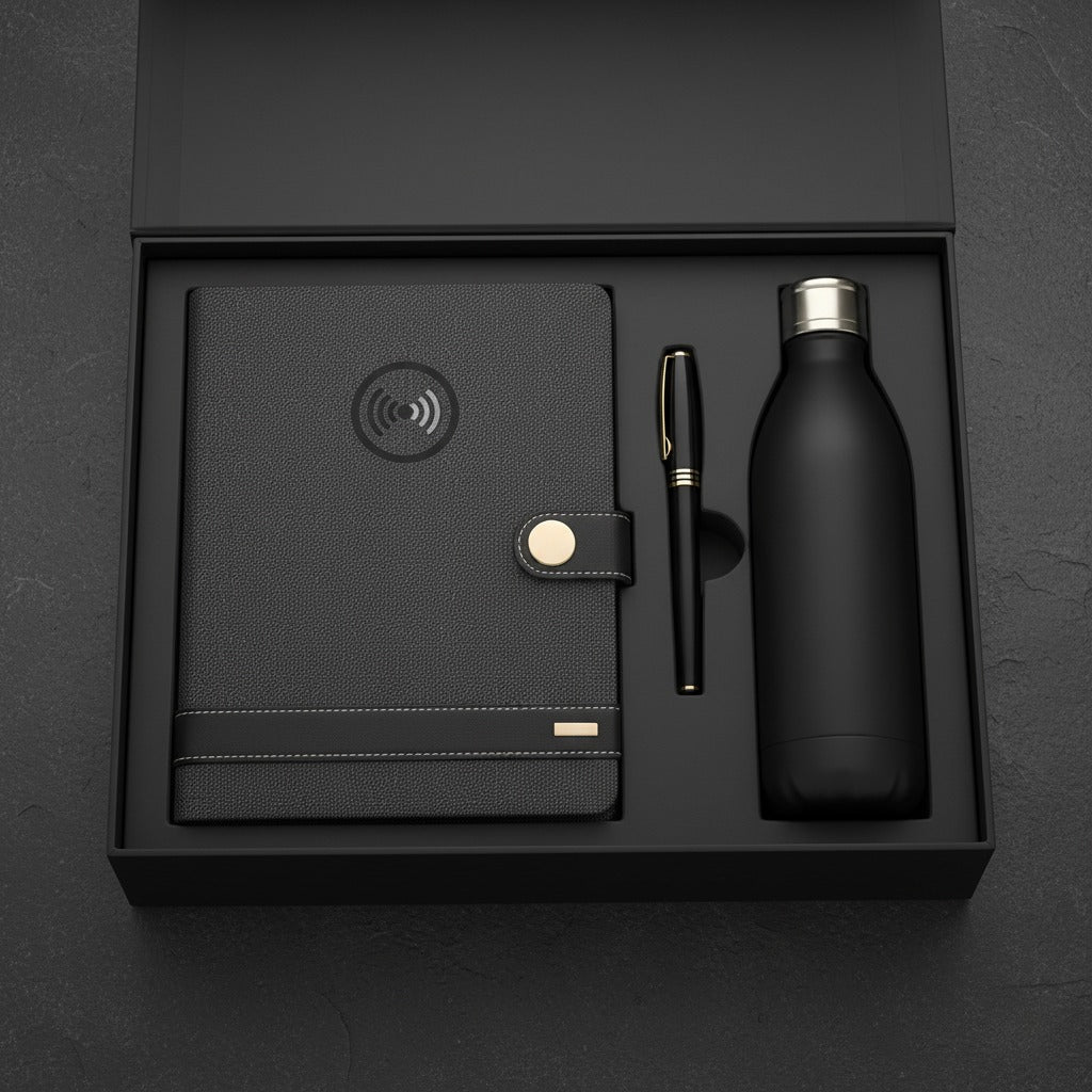 Black Tech Gift Set with Wireless Charging Notebook & Flask