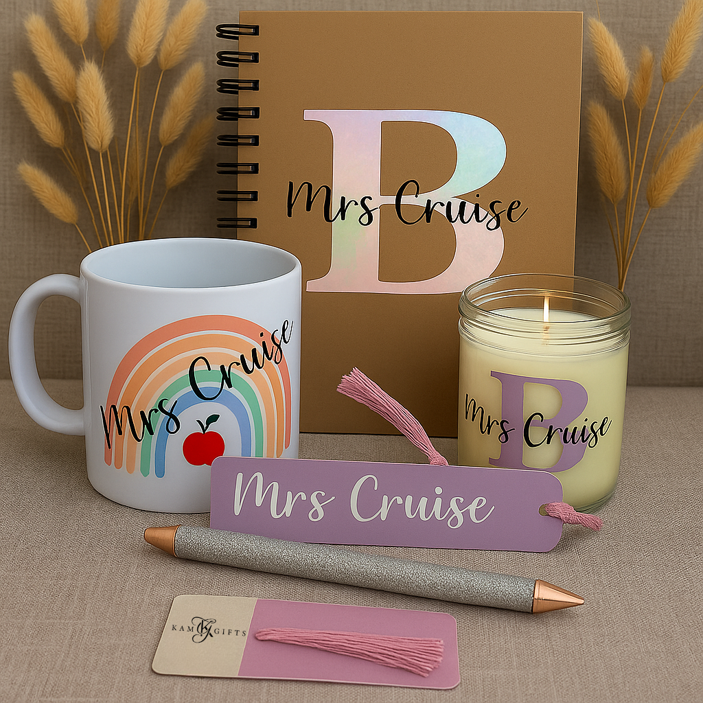 Personalized Teacher Gift Set – Custom Mug, Notebook, Candle & Bookmark | Perfect Teacher Appreciation Gift